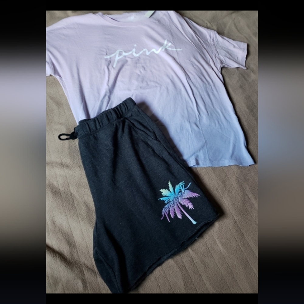 VS PINK Dark Grey Ombre Glitter Shine Palm Tree Script Logo Dad Shorts SzL 2pc